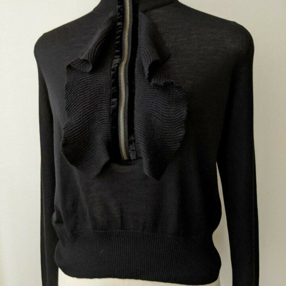 Lanvin Alber Elbaz Sweater Black Wool Turtleneck Zip-Up Ruffle Detail
